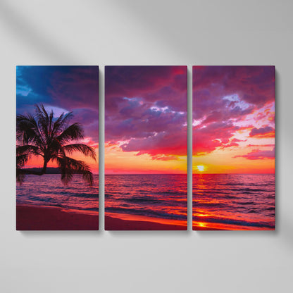 Tropical Beach Sunset with Palm Tree Canvas as 3-panel split version