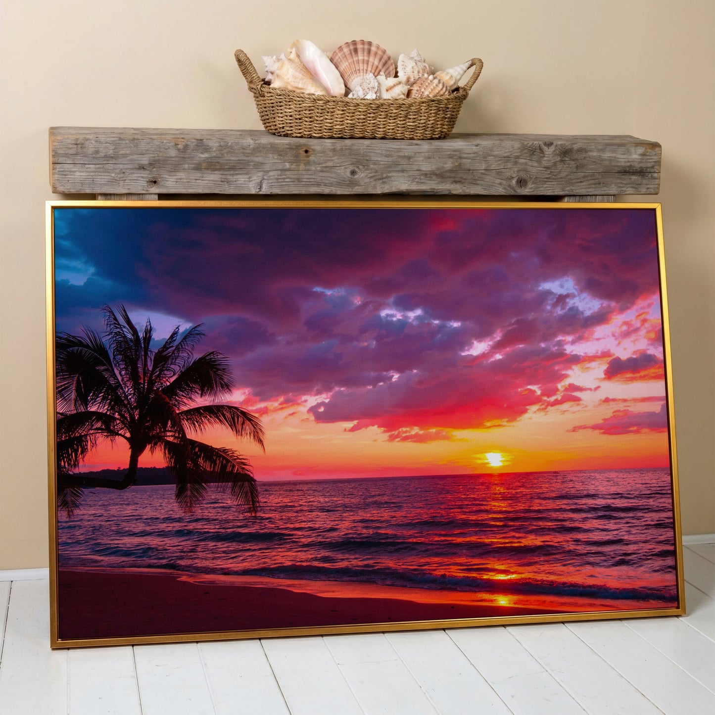 Tropical Beach Sunset with Palm Tree Canvas in antique gold floating frame