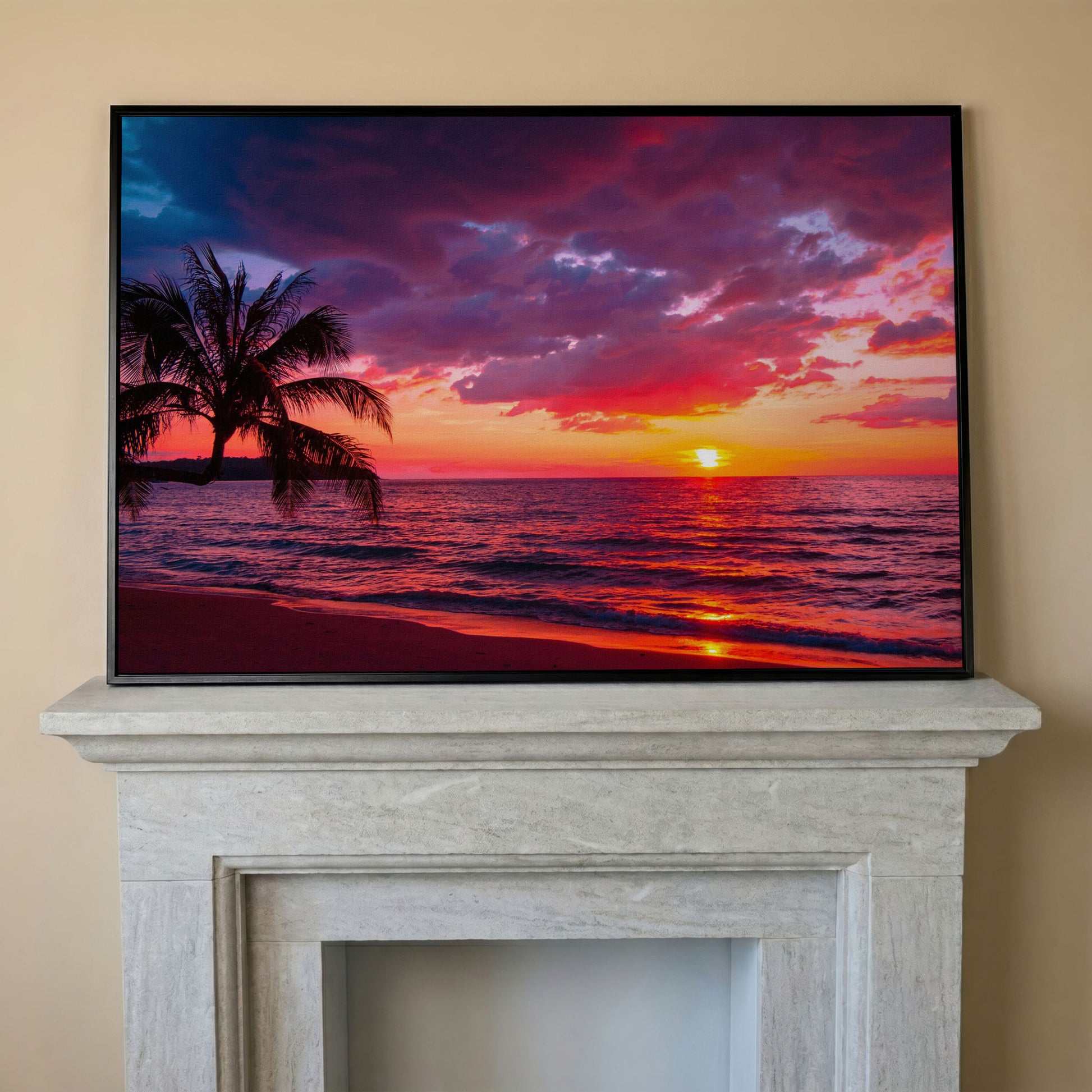 Tropical Beach Sunset with Palm Tree Canvas in black floating frame