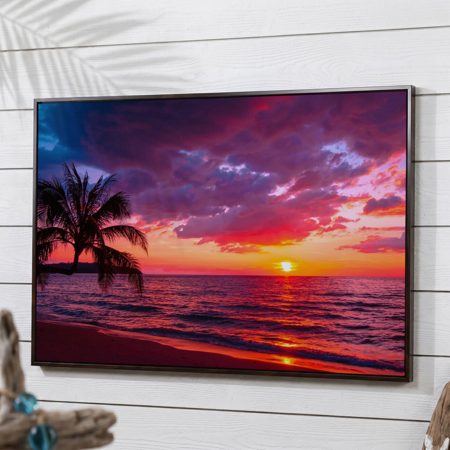Tropical Beach Sunset with Palm Tree Canvas in dark walnut floating frame
