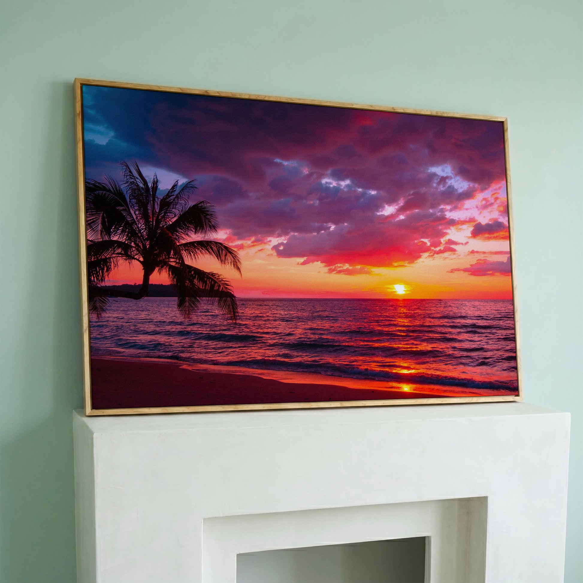 Tropical Beach Sunset with Palm Tree Canvas in white oak floating frame
