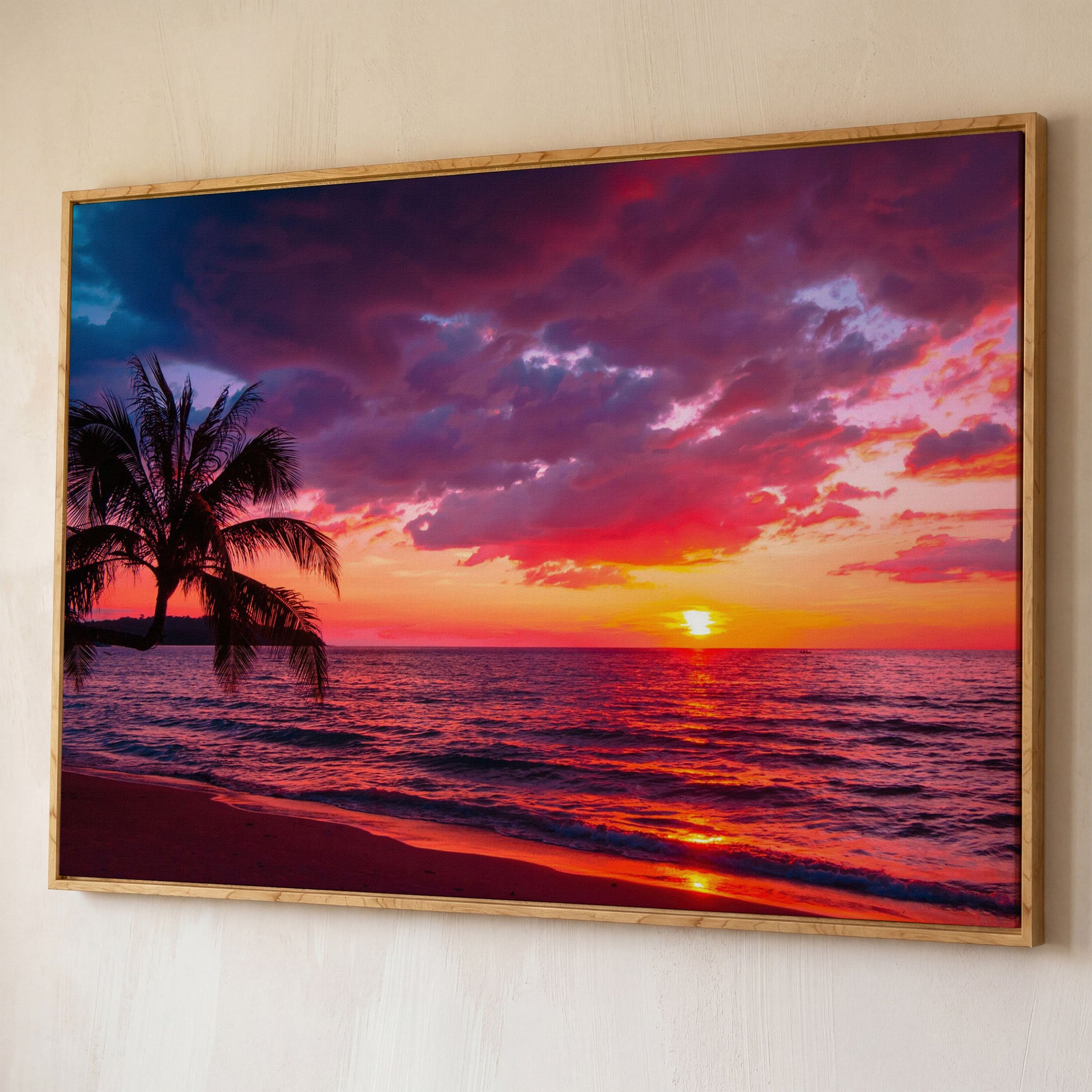Tropical Beach Sunset with Palm Tree Canvas shown in white oak floating frame