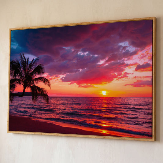 Tropical Beach Sunset with Palm Tree Canvas shown in white oak floating frame