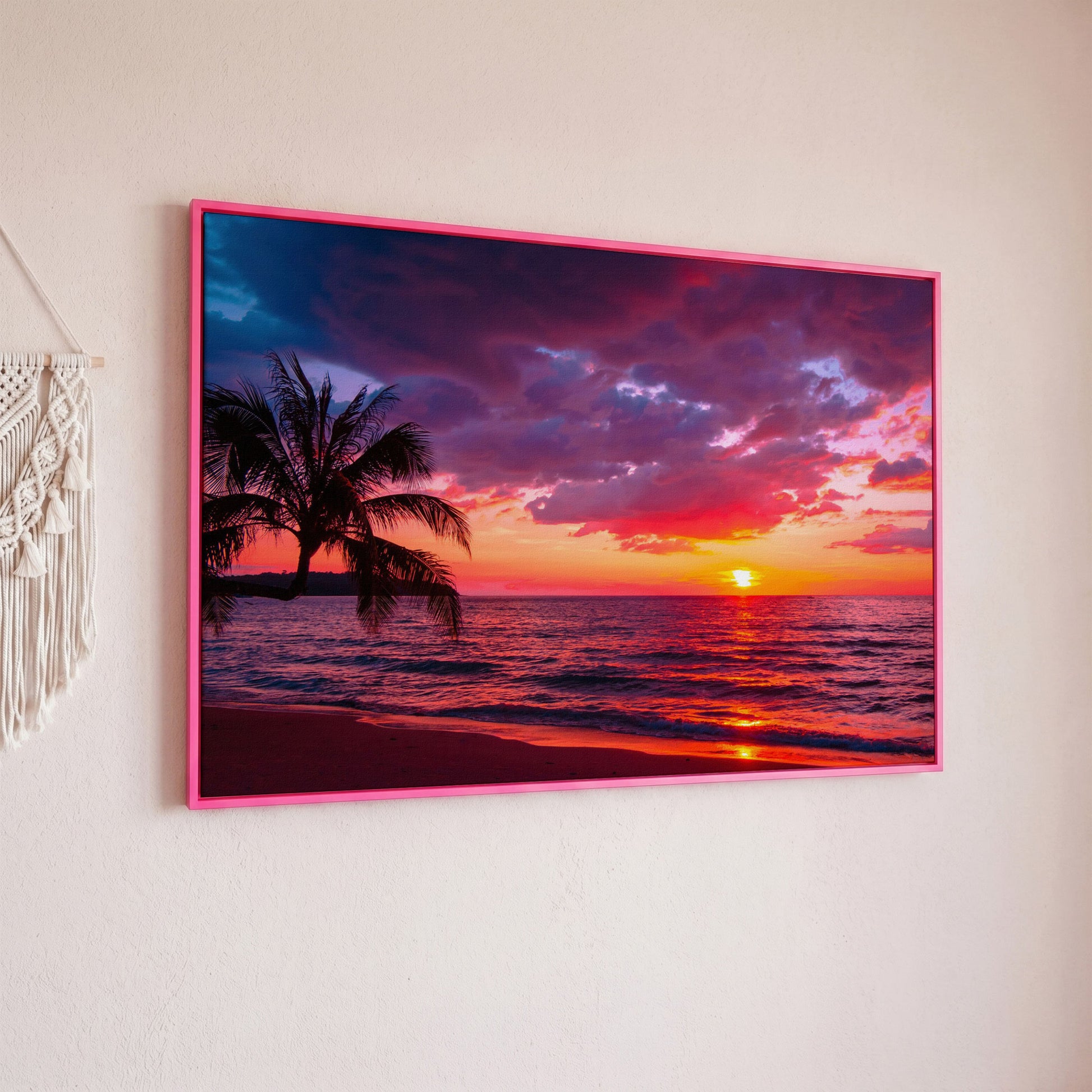 Tropical Beach Sunset with Palm Tree Canvas in pink floating frame