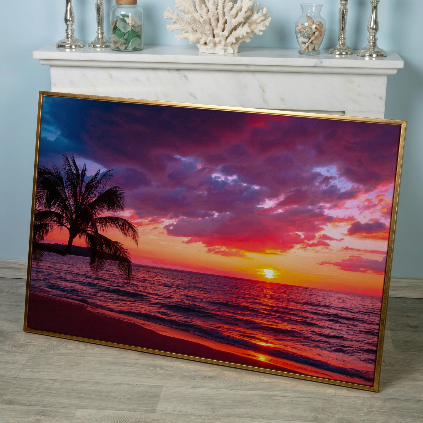 Tropical Beach Sunset with Palm Tree Canvas in rose gold floating frame