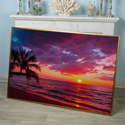 Tropical Beach Sunset with Palm Tree Canvas in rose gold floating frame
