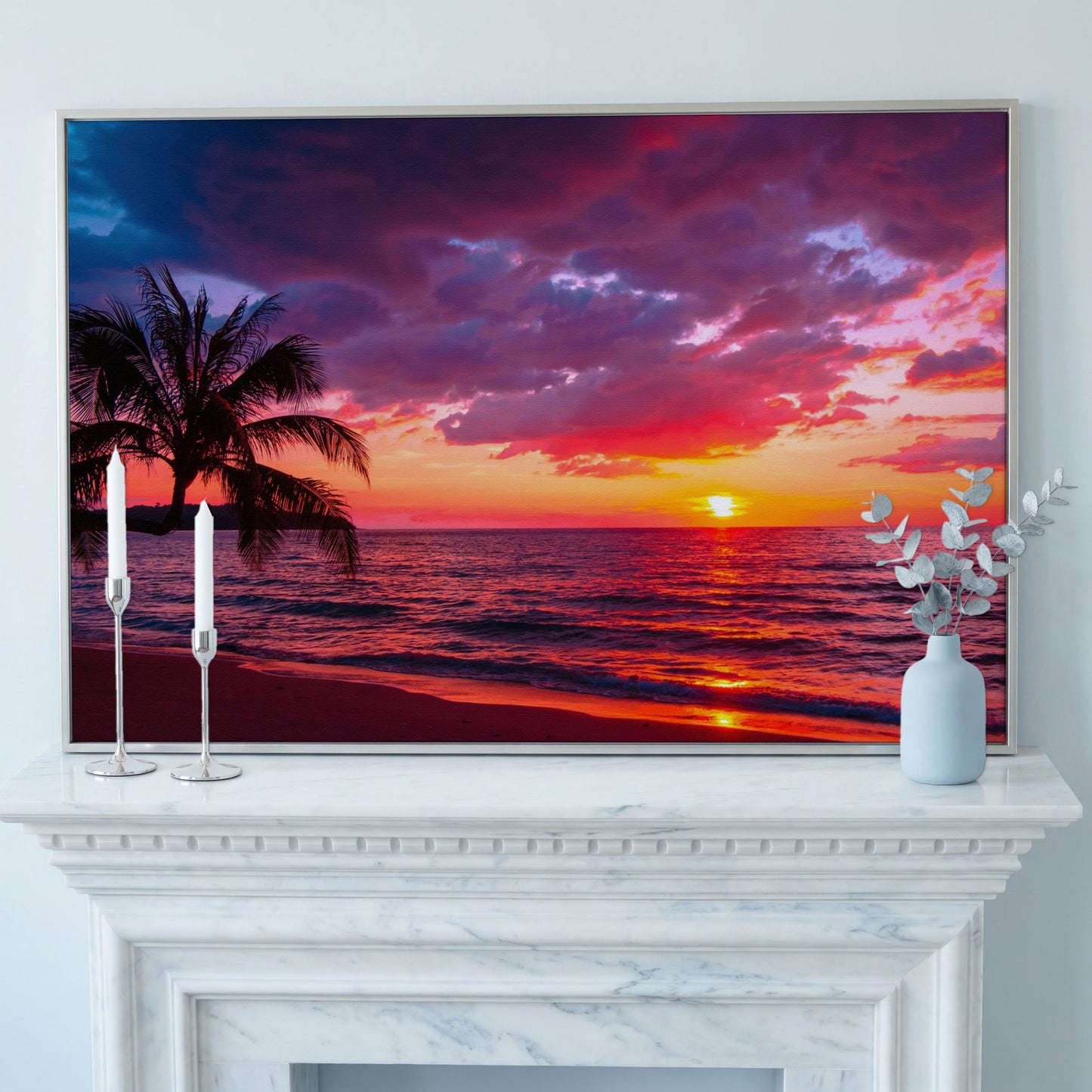 Tropical Beach Sunset with Palm Tree Canvas in silver floating frame