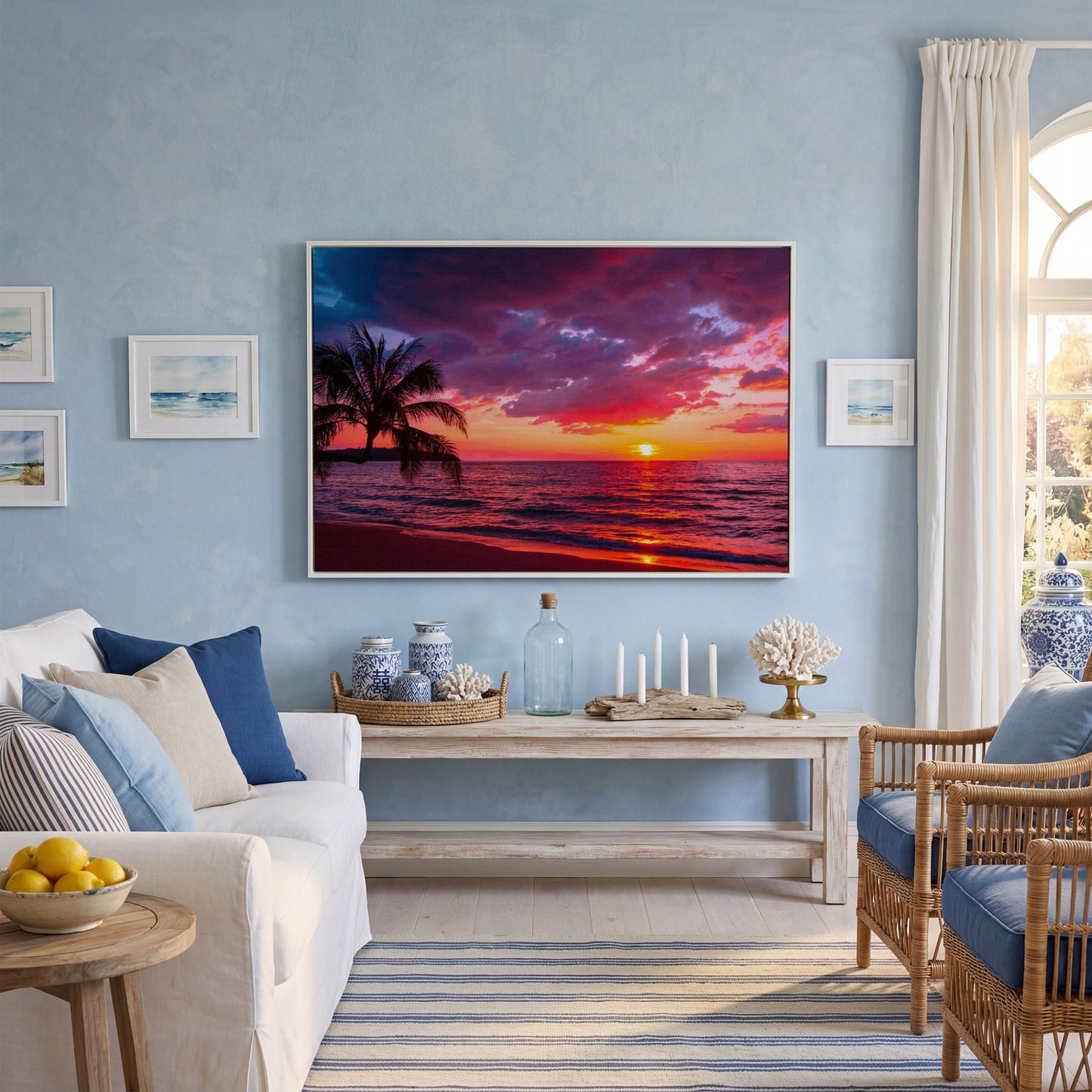 Tropical Beach Sunset with Palm Tree Canvas in white floating frame