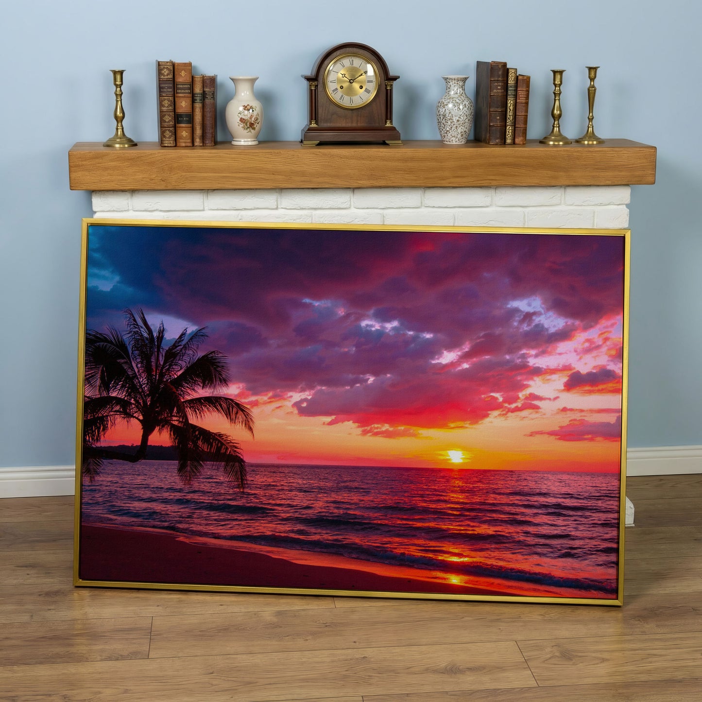 Tropical Beach Sunset with Palm Tree Canvas in yellow gold floating frame