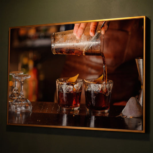 Negroni Cocktail Canvas Print shown in antique gold floating frame