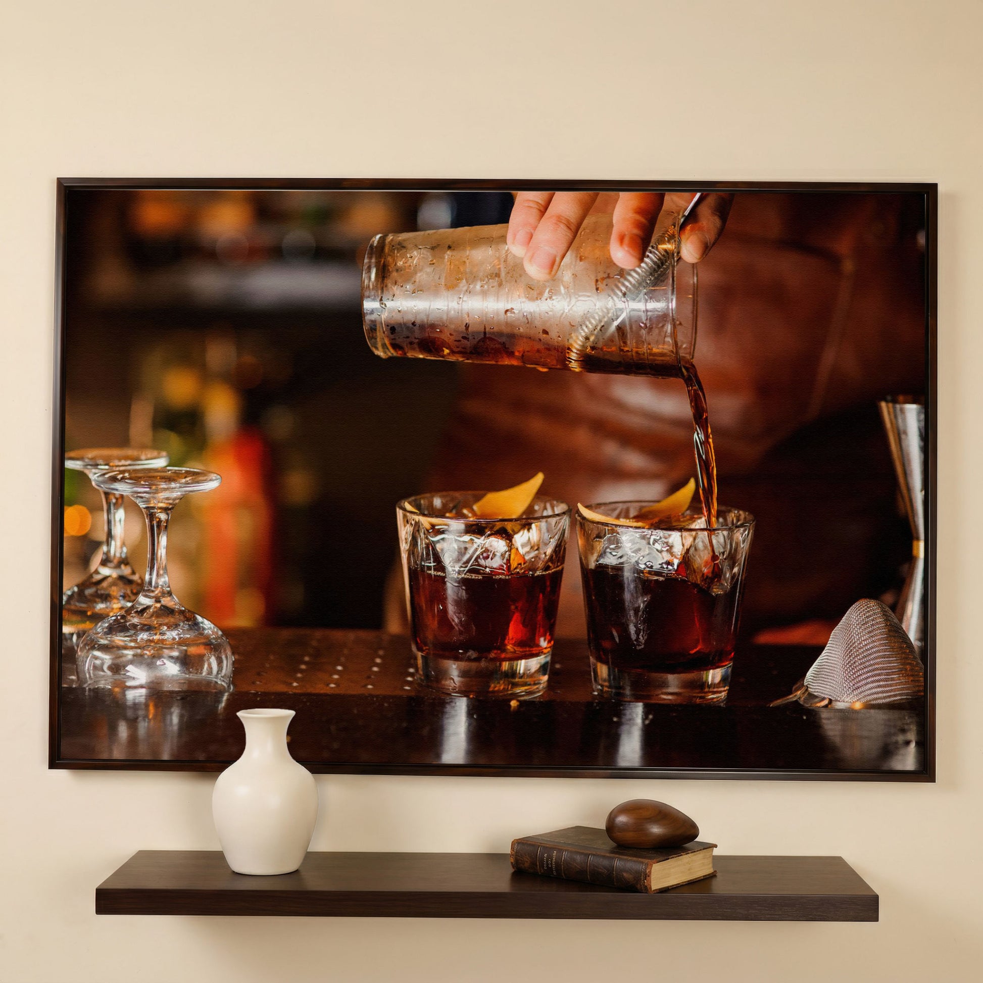 Negroni Cocktail Canvas Print in dark walnut floating frame
