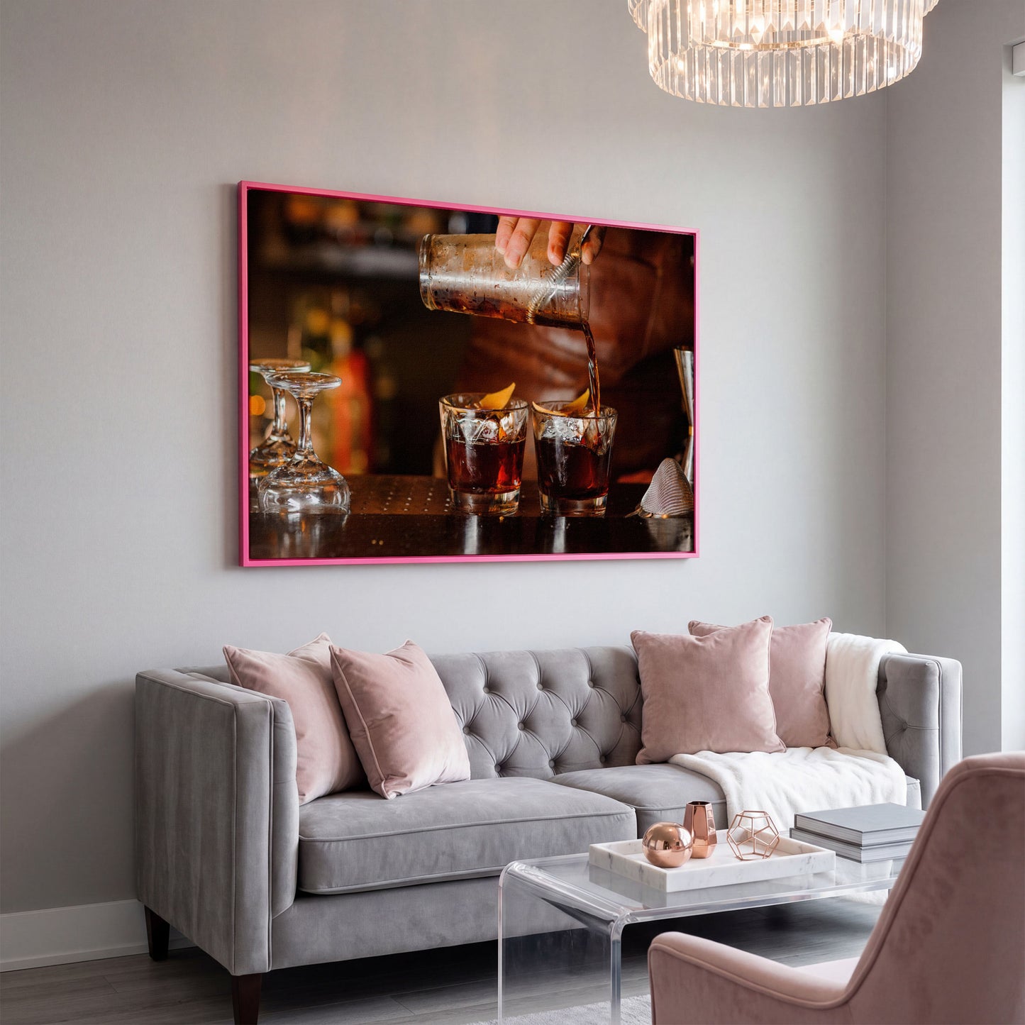 Negroni Cocktail Canvas Print in pink floating frame