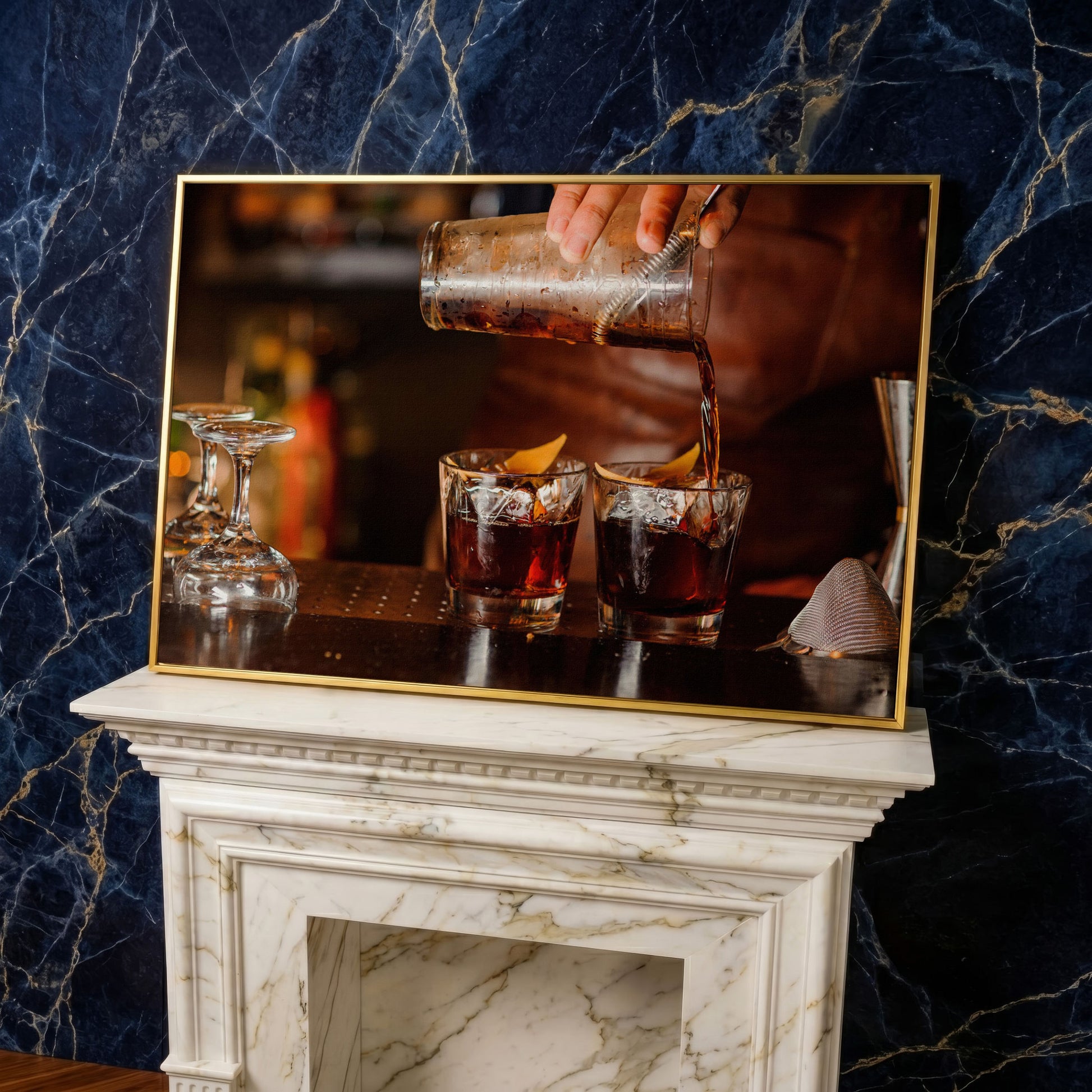 Negroni Cocktail Canvas Print in yellow gold floating frame