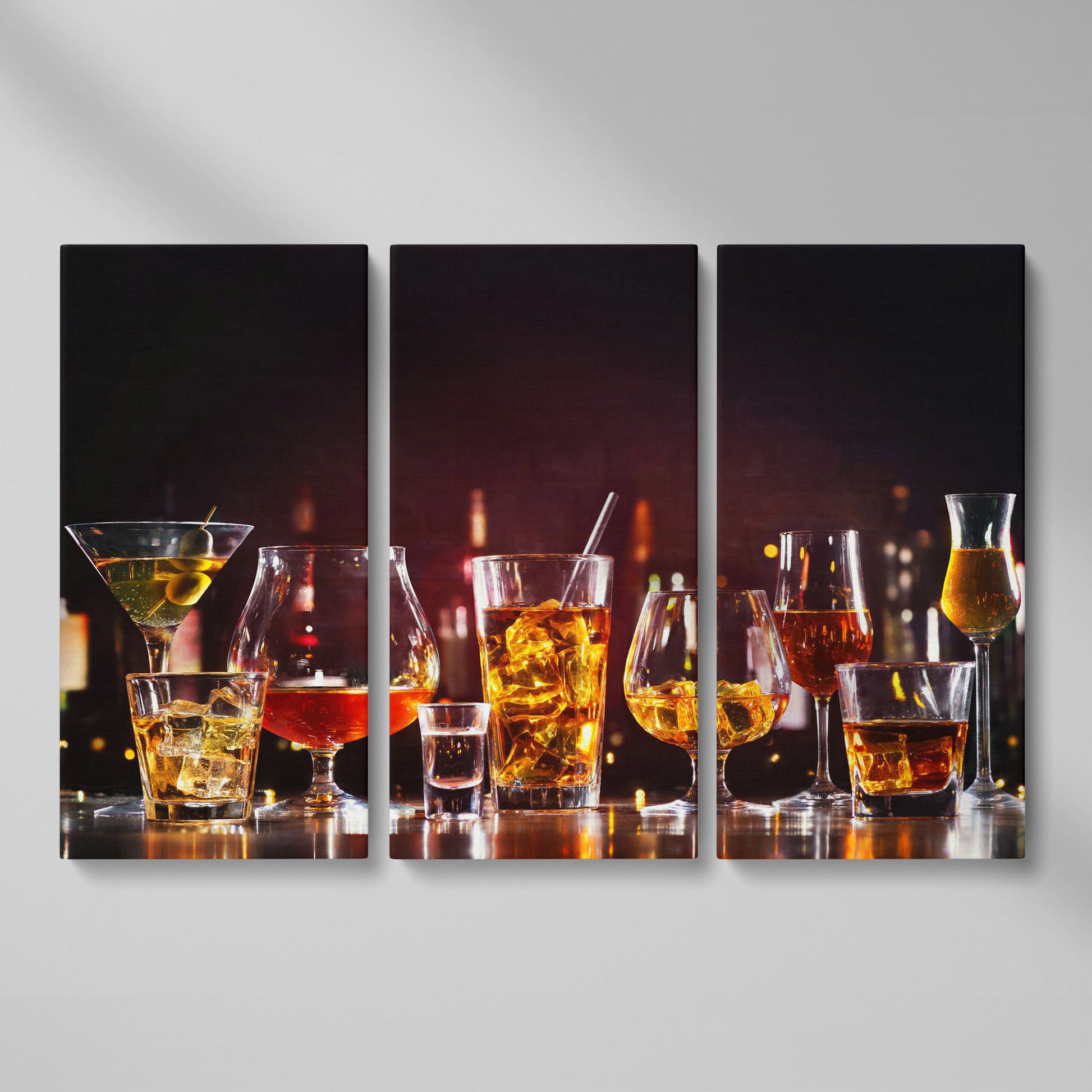 Spirits in Glasses Bar Counter Canvas as 3-panel split version