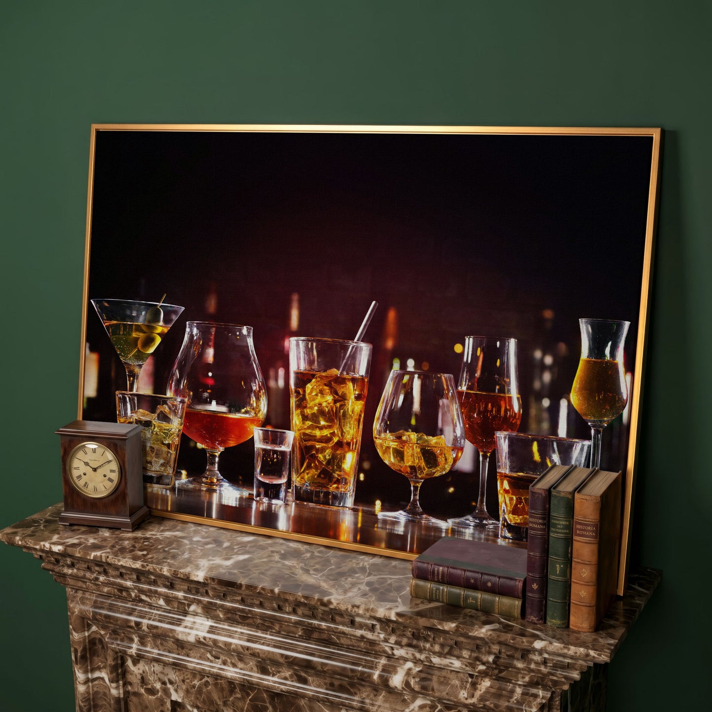 Spirits in Glasses Bar Counter Canvas in antique gold floating frame