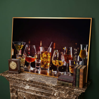 Spirits in Glasses Bar Counter Canvas in antique gold floating frame