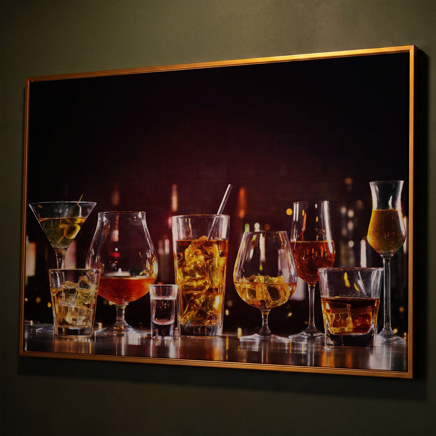 Spirits in Glasses Bar Counter Canvas shown in antique gold floating frame