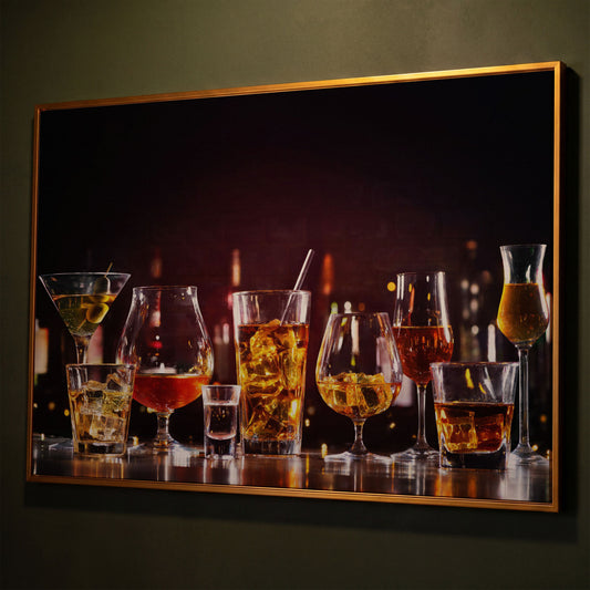 Spirits in Glasses Bar Counter Canvas shown in antique gold floating frame