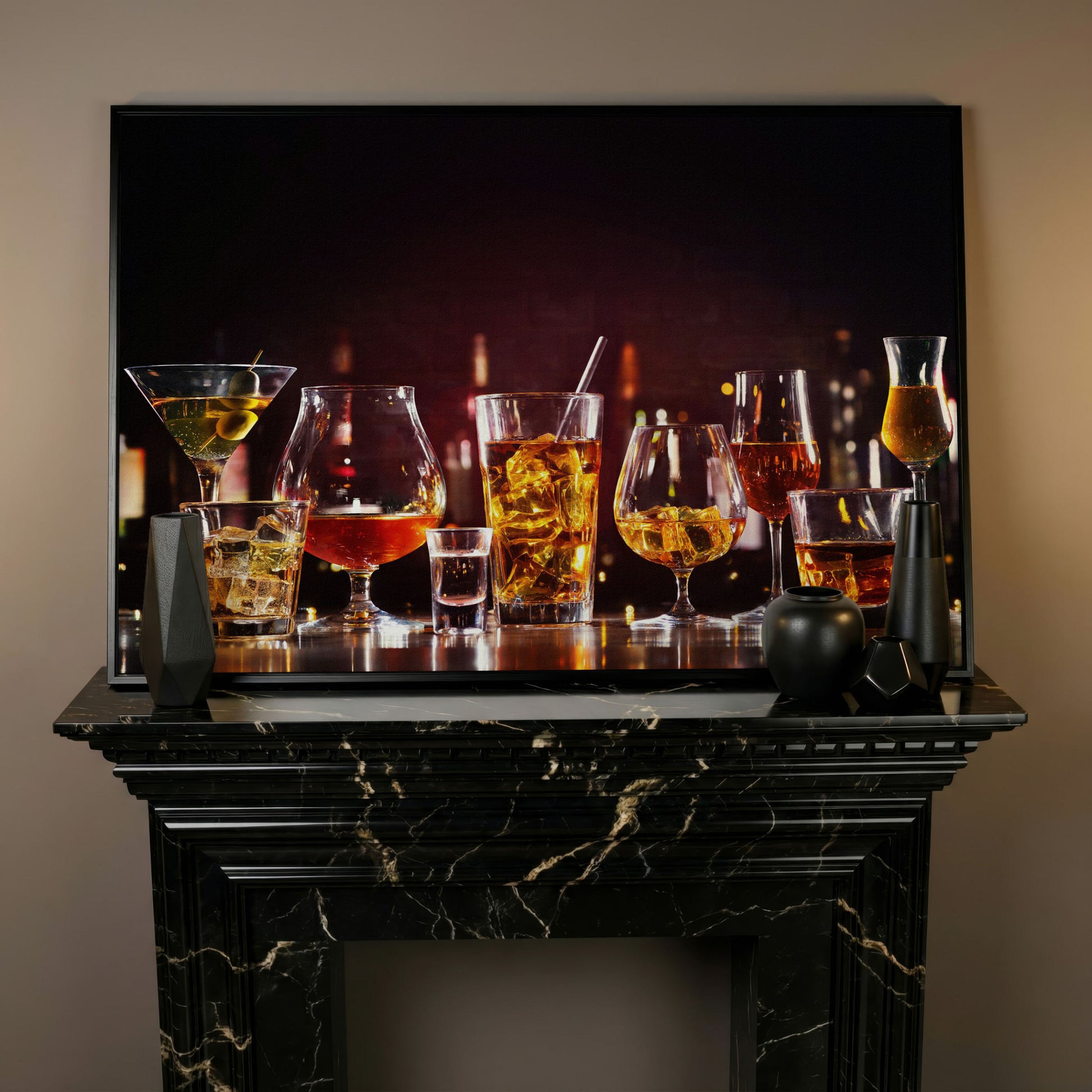 Spirits in Glasses Bar Counter Canvas in black floating frame