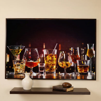 Spirits in Glasses Bar Counter Canvas in dark walnut floating frame