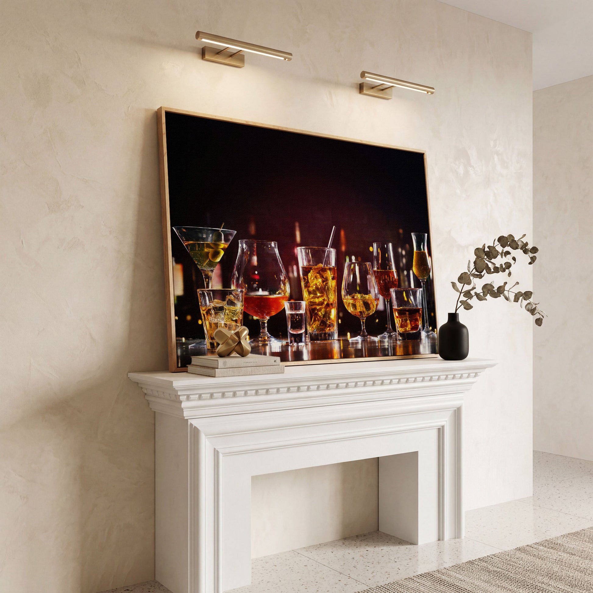 Spirits in Glasses Bar Counter Canvas in white oak floating frame