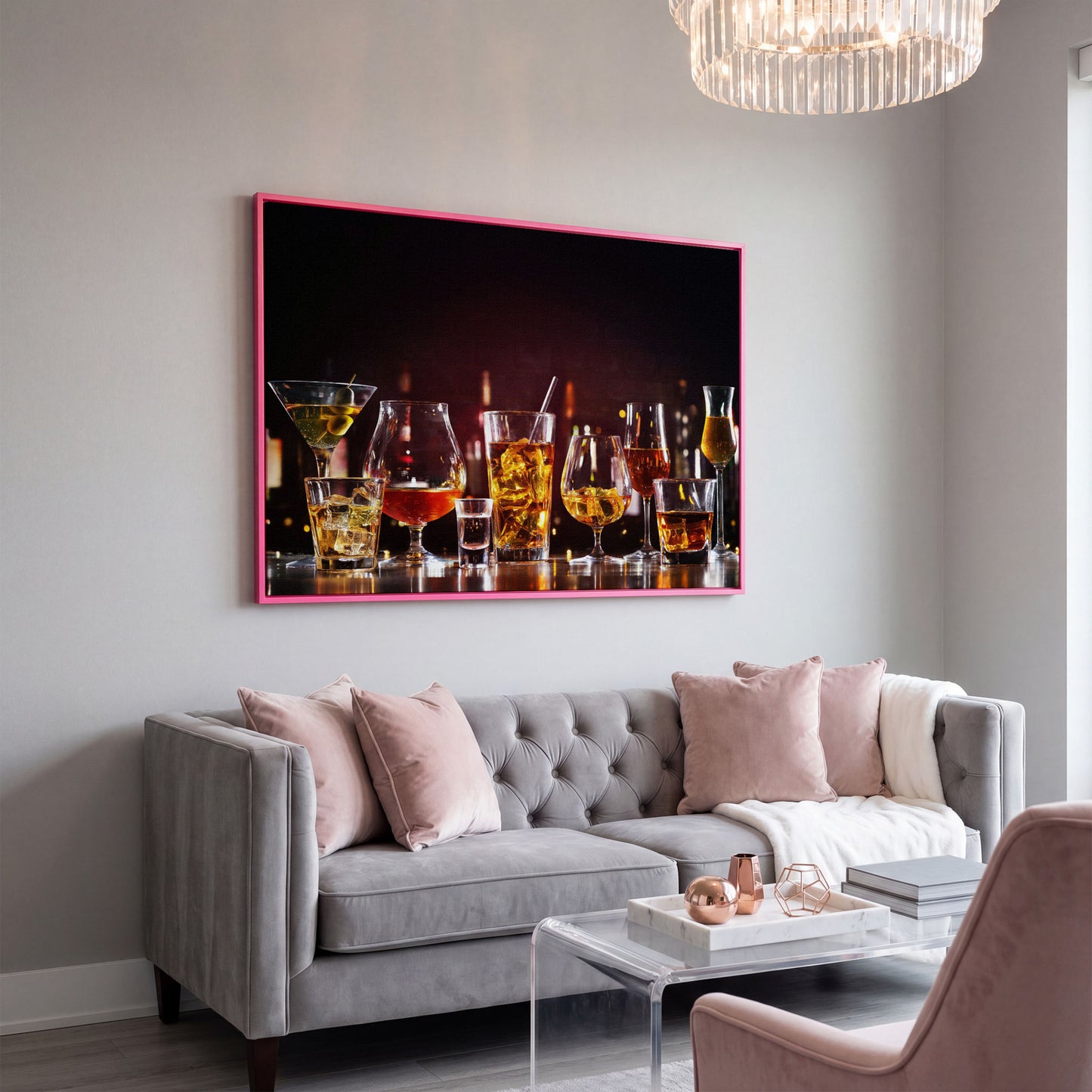 Spirits in Glasses Bar Counter Canvas in pink floating frame