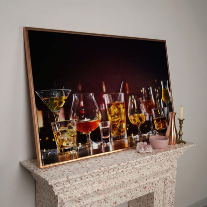Spirits in Glasses Bar Counter Canvas in rose gold floating frame