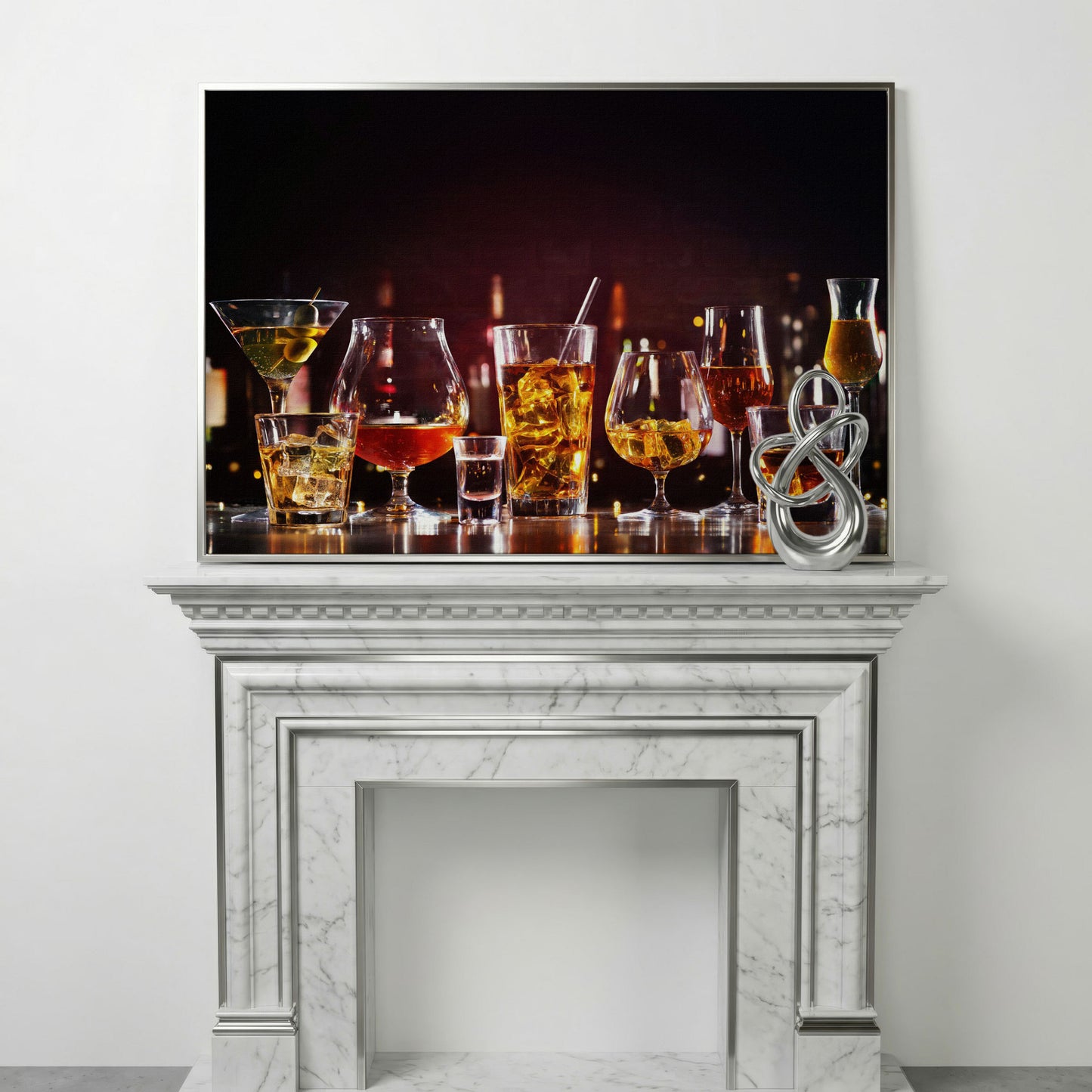 Spirits in Glasses Bar Counter Canvas in silver floating frame
