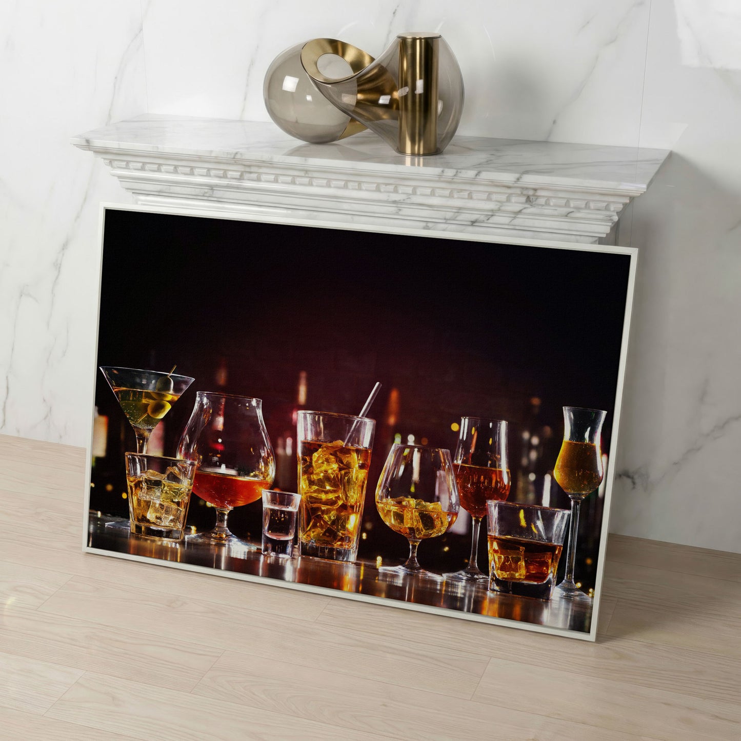 Spirits in Glasses Bar Counter Canvas in white floating frame
