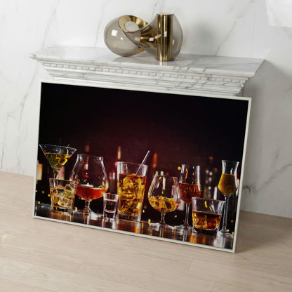 Spirits in Glasses Bar Counter Canvas in white floating frame