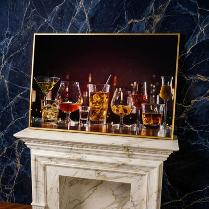 Spirits in Glasses Bar Counter Canvas in yellow gold floating frame