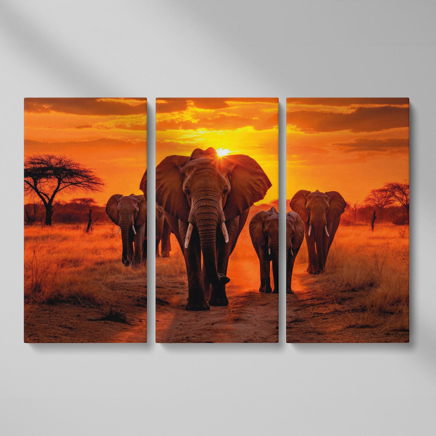 African Elephants at Sunset Canvas Print as 3-panel split version