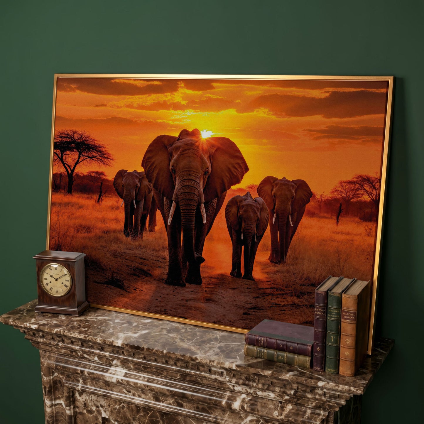 African Elephants at Sunset Canvas Print in antique gold floating frame