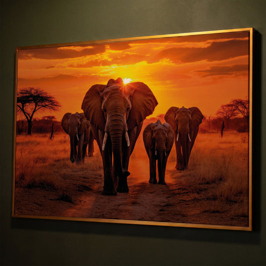 African Elephants at Sunset Canvas Print shown in antique gold floating frame
