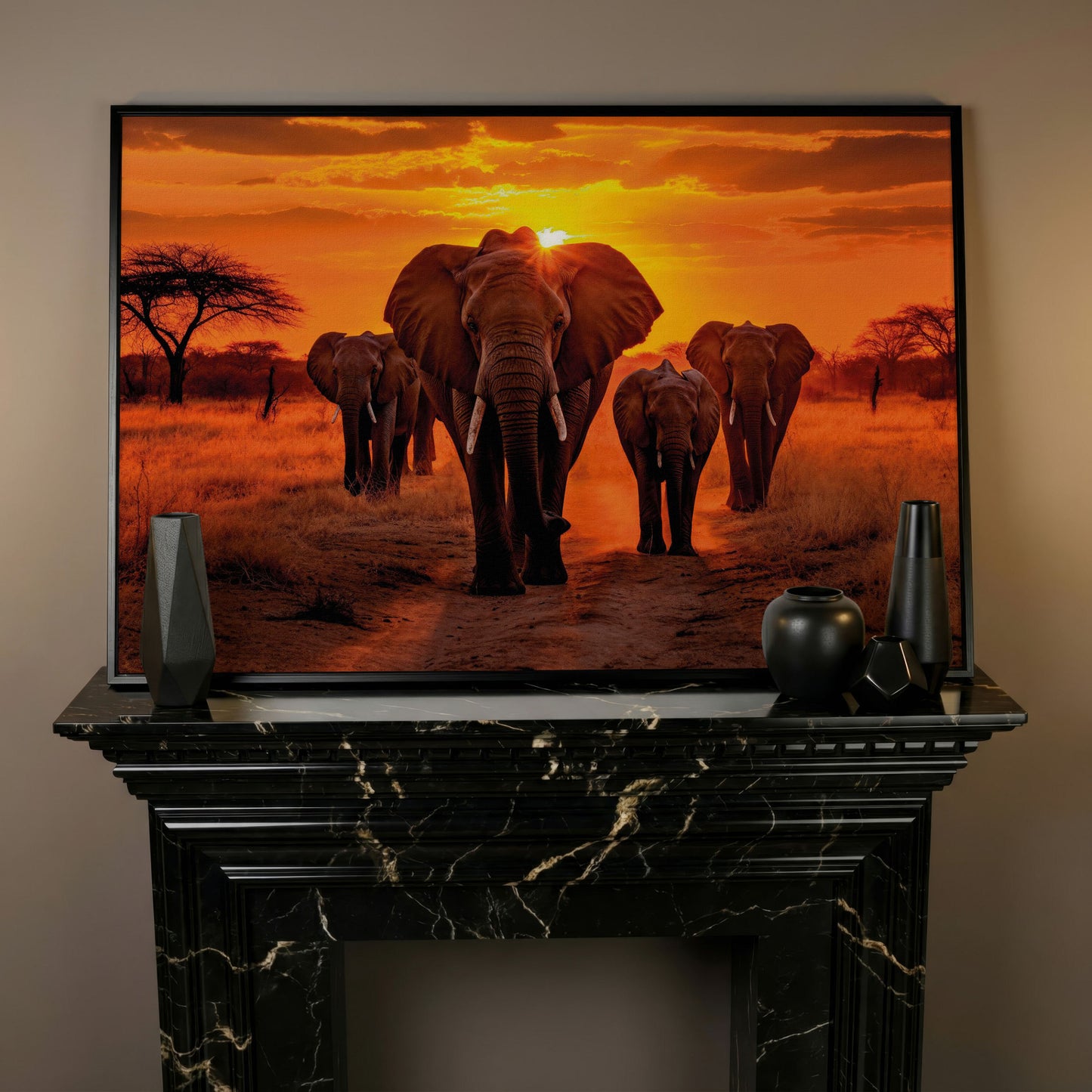 African Elephants at Sunset Canvas Print in black floating frame
