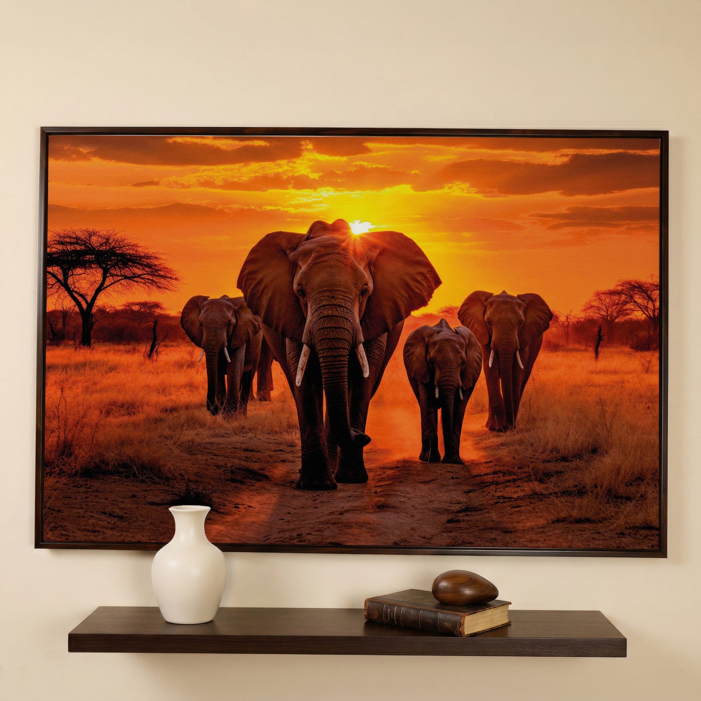 African Elephants at Sunset Canvas Print in dark walnut floating frame