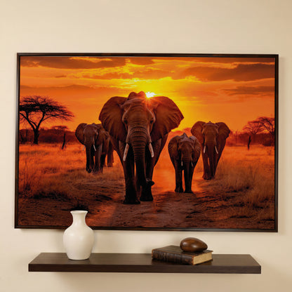 African Elephants at Sunset Canvas Print in dark walnut floating frame