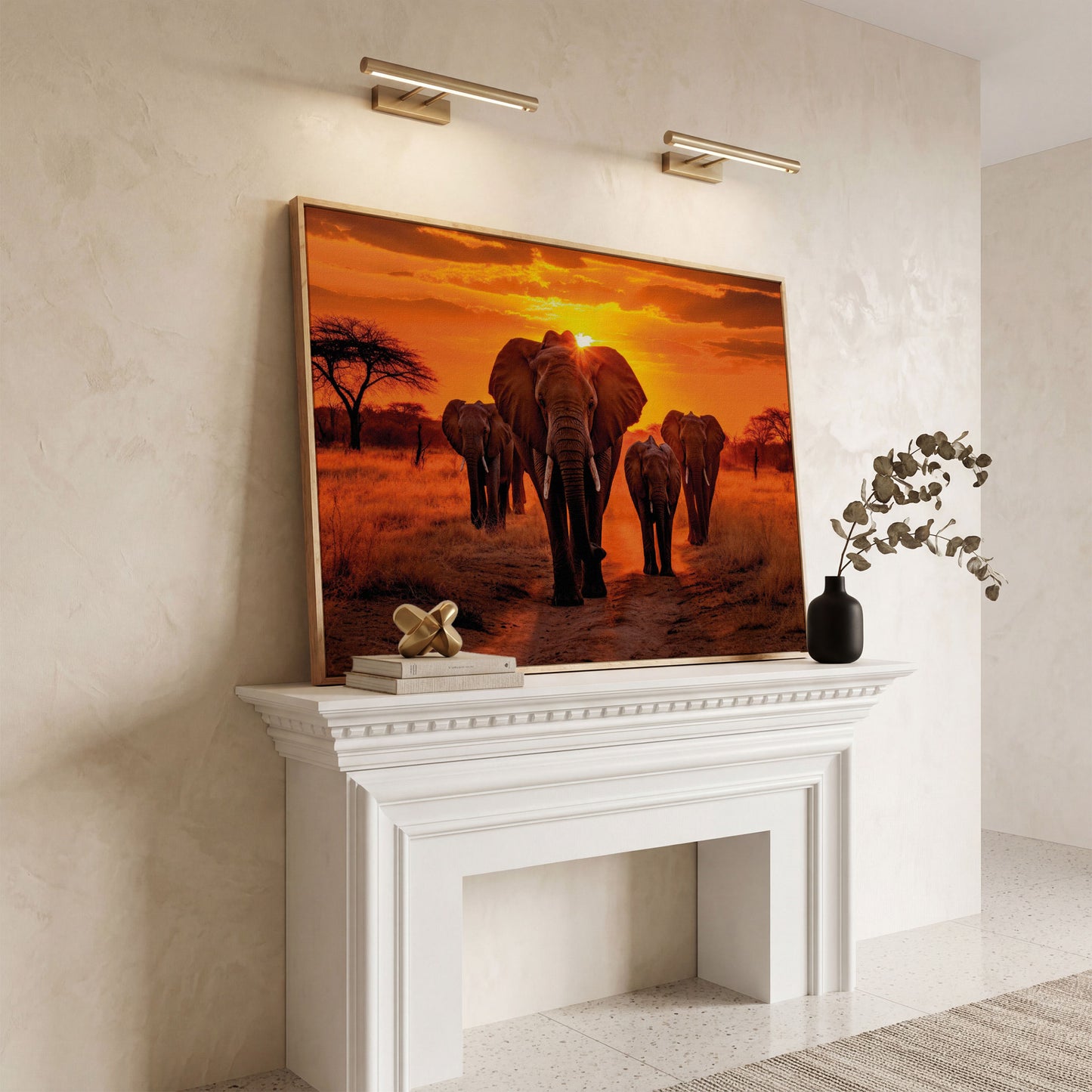 African Elephants at Sunset Canvas Print in white oak floating frame