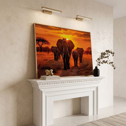 African Elephants at Sunset Canvas Print in white oak floating frame