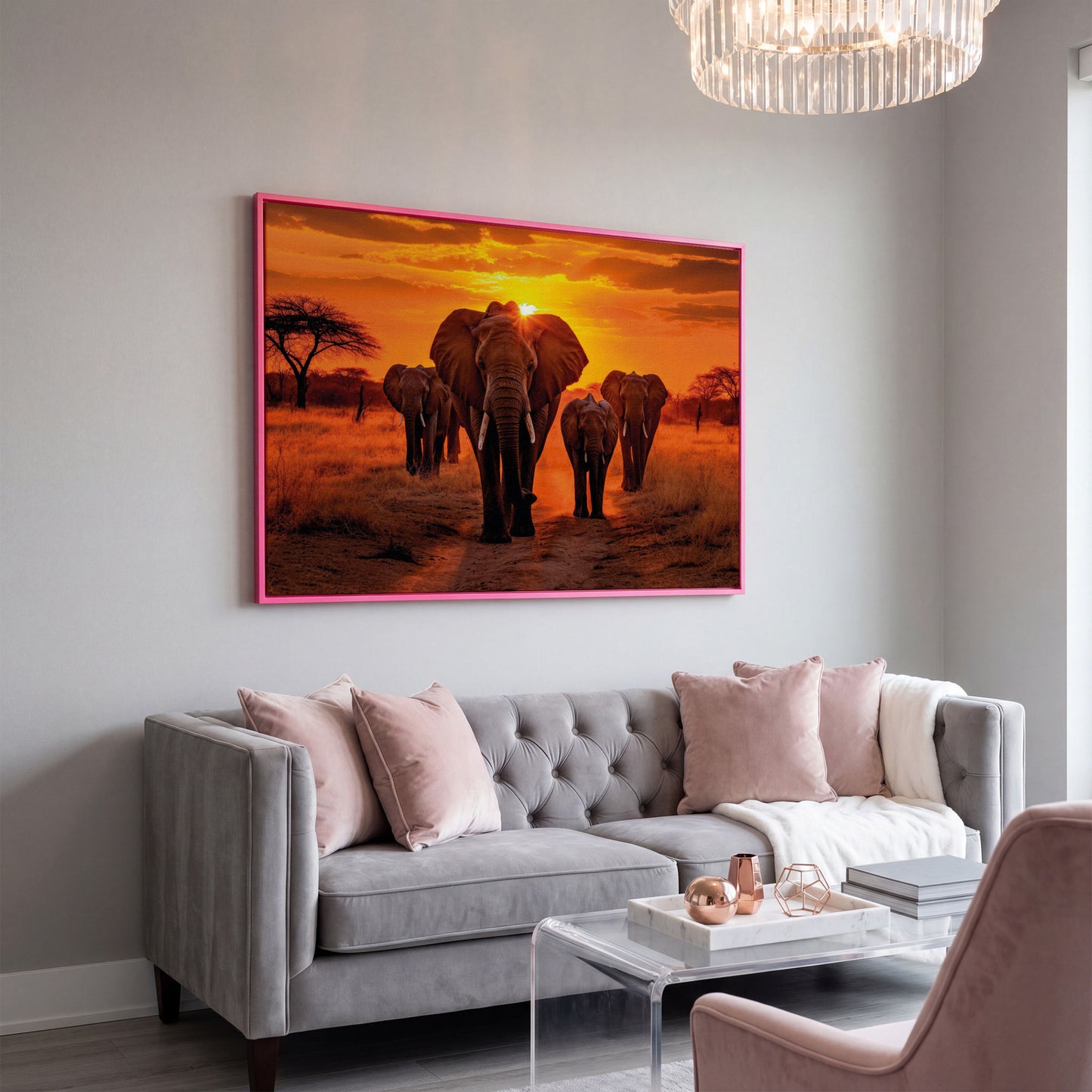 African Elephants at Sunset Canvas Print in pink floating frame