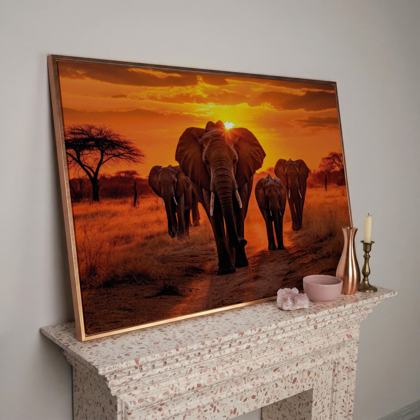 African Elephants at Sunset Canvas Print in rose gold floating frame