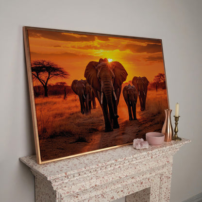 African Elephants at Sunset Canvas Print in rose gold floating frame