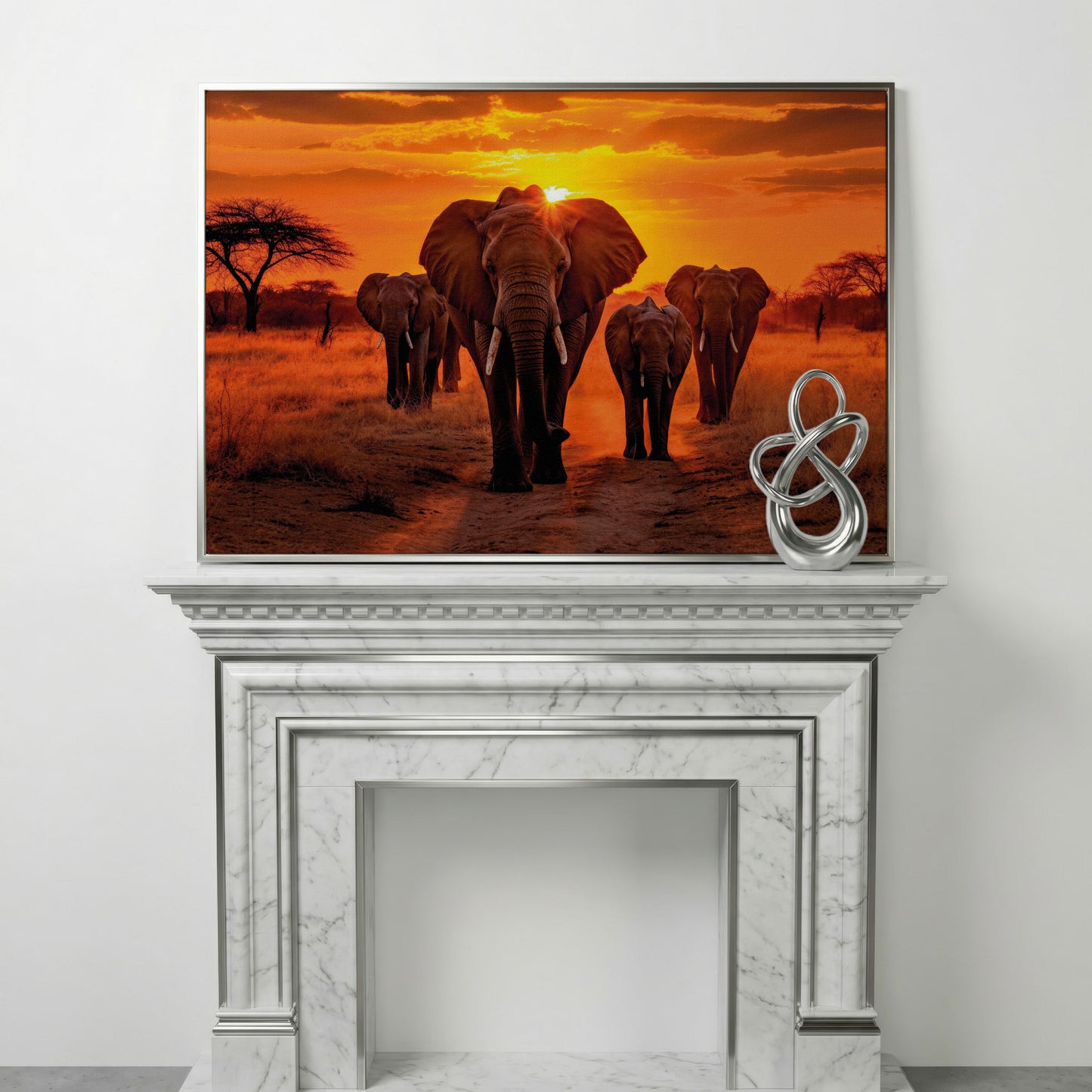 African Elephants at Sunset Canvas Print in silver floating frame