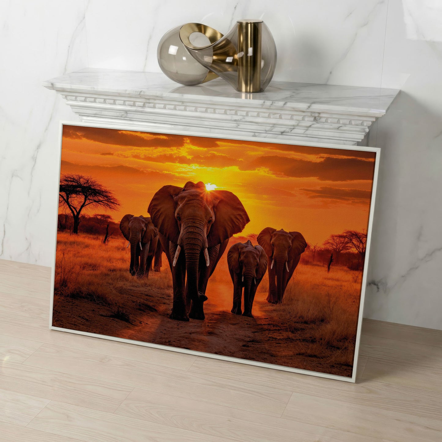 African Elephants at Sunset Canvas Print in white floating frame