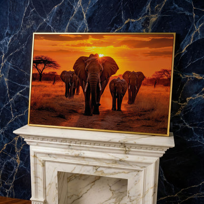 African Elephants at Sunset Canvas Print in yellow gold floating frame