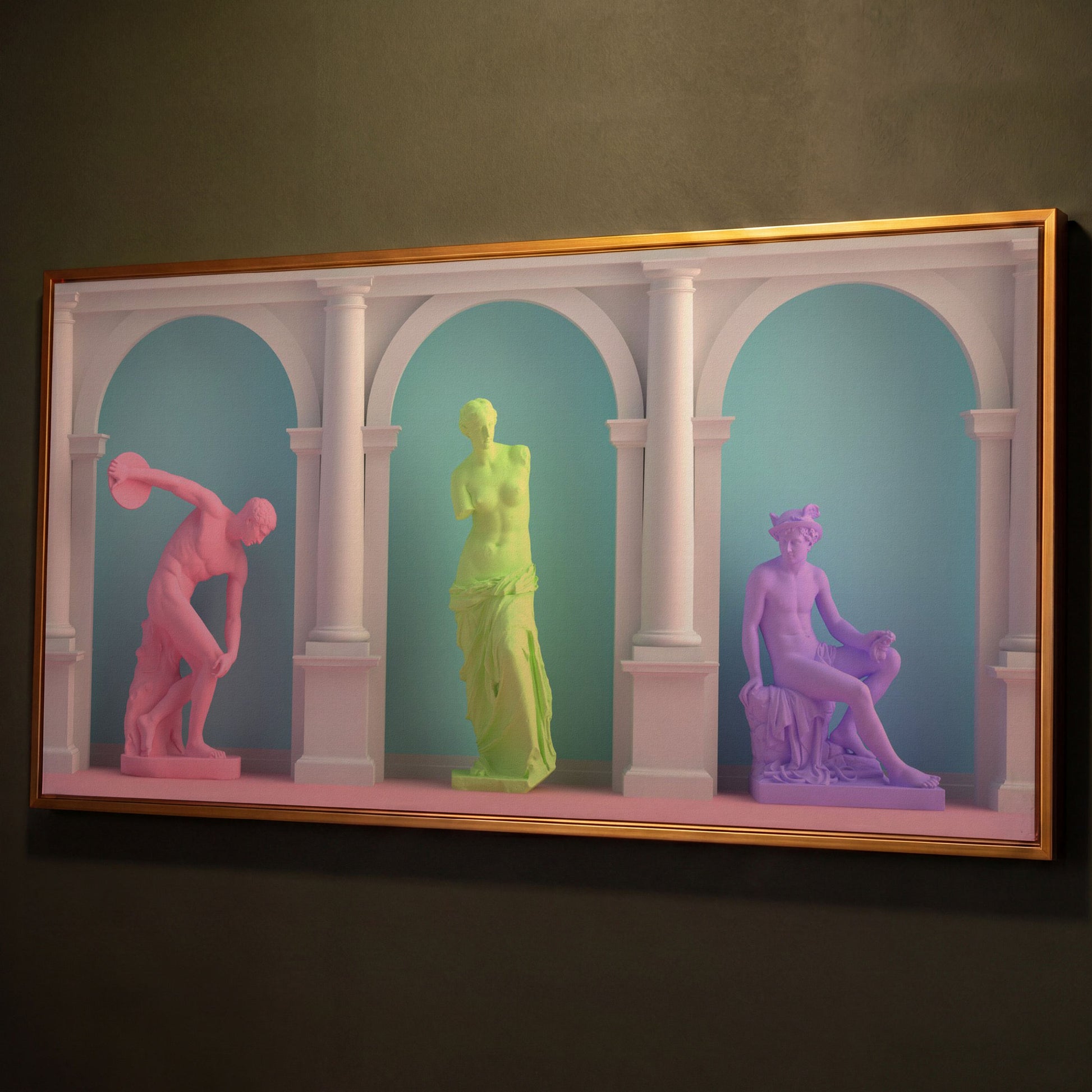 Colorful Greek Statue Pop Art Canvas shown in antique gold floating frame