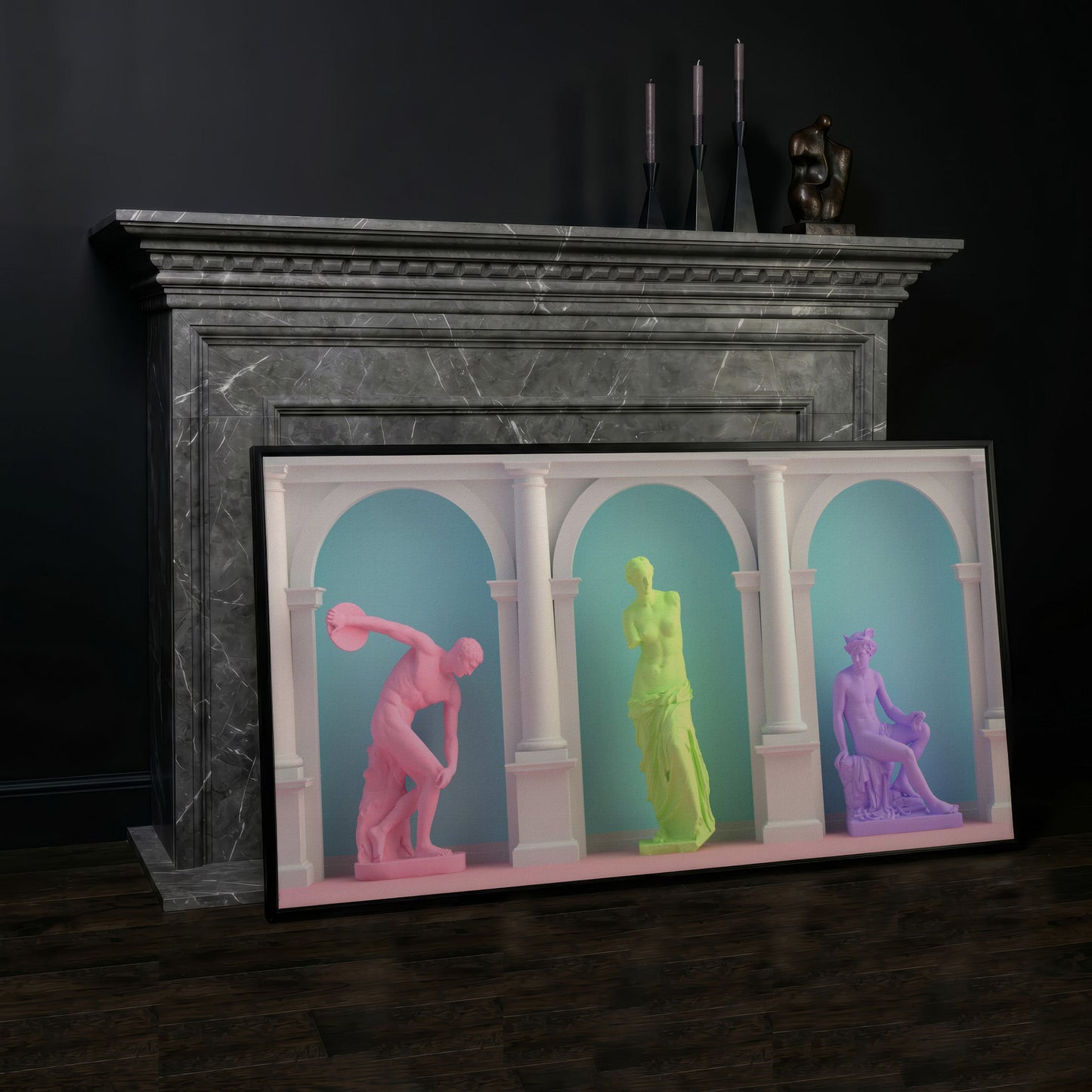Colorful Greek Statue Pop Art Canvas in black floating frame