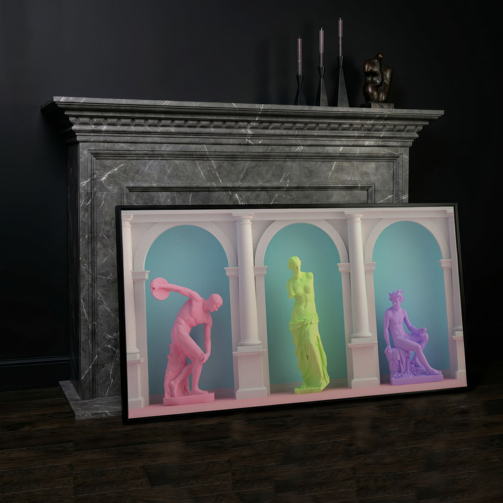 Colorful Greek Statue Pop Art Canvas in black floating frame
