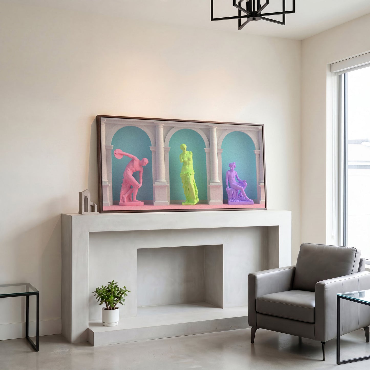 Colorful Greek Statue Pop Art Canvas in dark walnut floating frame