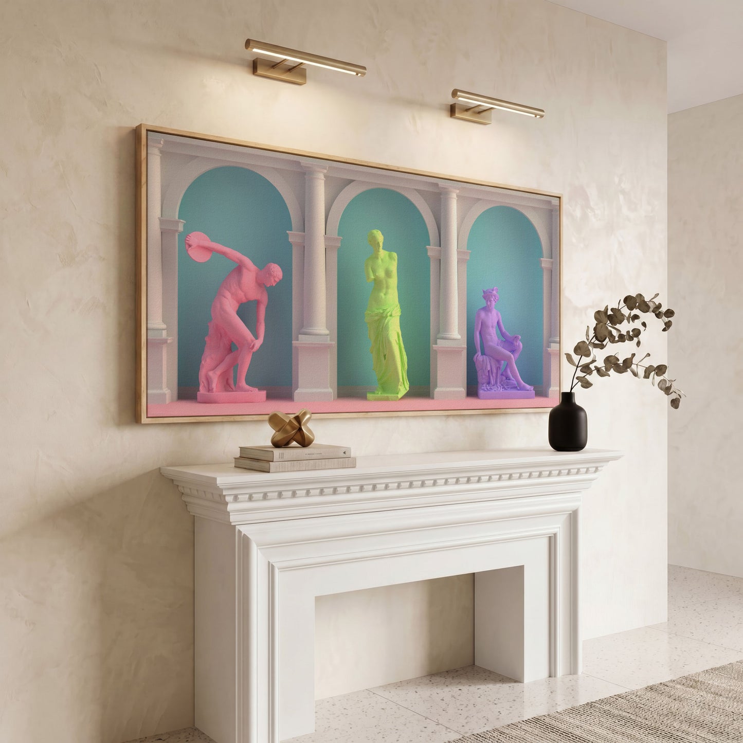 Colorful Greek Statue Pop Art Canvas in white oak floating frame
